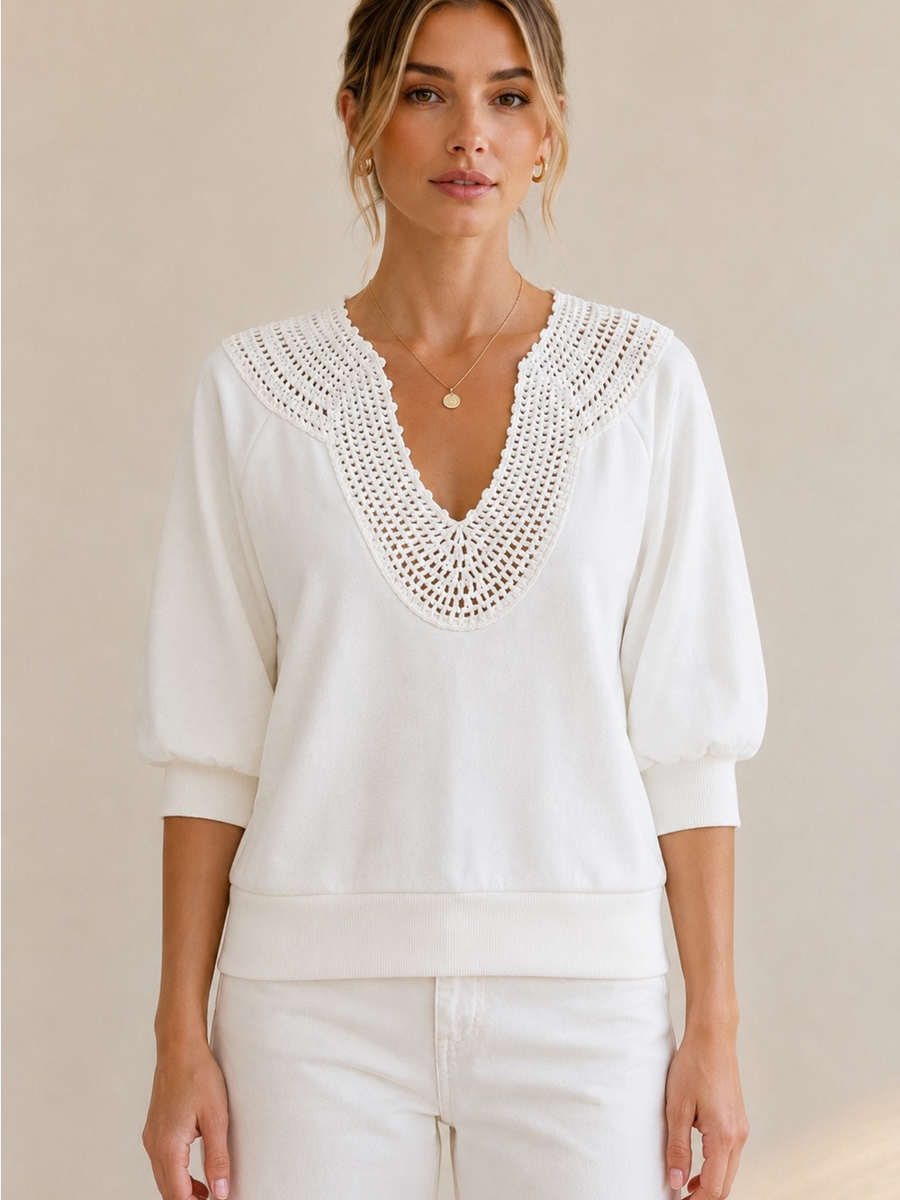 Rails Mariposa Soft White Crochet Yoke Cotton Pullover Sweater Top Size Small